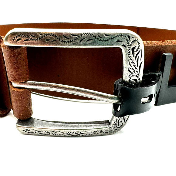 INC | NWT Men's Large 38-40 Tan Brown Genuine Leather Western Silver Buckle Belt - Picture 1 of 6